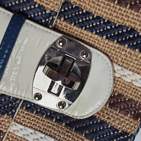 Baguette Satchel Striped Neutral Crossbody or Shoulder Canvas & Leather Handbag - Picture 6 of 11
